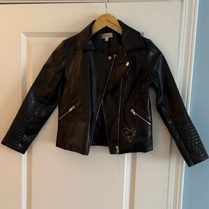 Kids Black Faux Leather Jacket with Embroidered Detail- 8Y